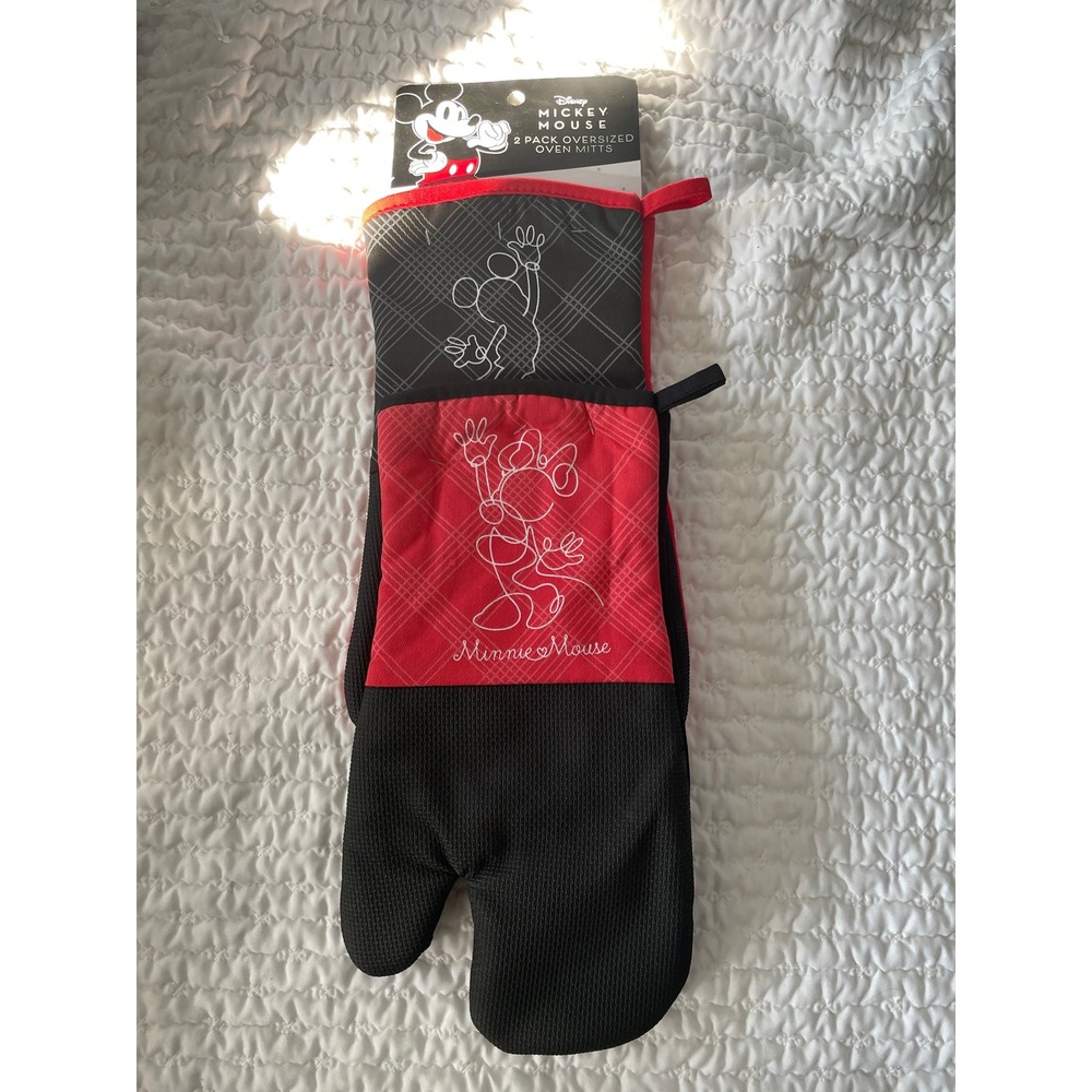 Disney Mickey Minnie Mouse 2 Pack Oversized Oven Mitts Red Black Plaid New#517